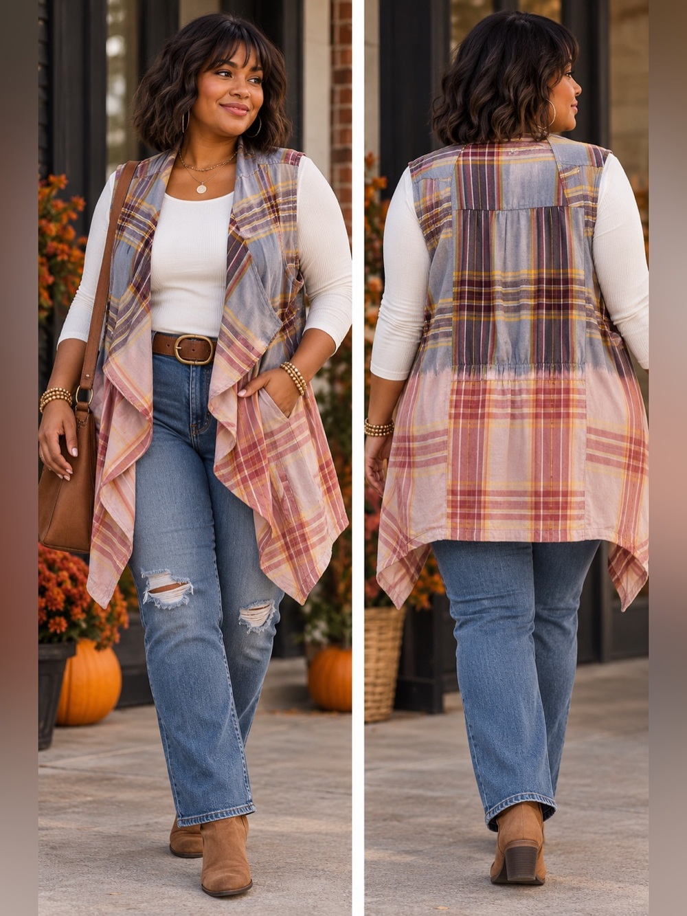 Cato Upcycled Plaid Tunic Vest 18/20W OOAK Dip Dyed Boho Duster Pockets